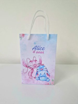 Kit 10 Sacolinhas Personalizadas Stitch e Angel Rosa – Tamanhos P,M,G