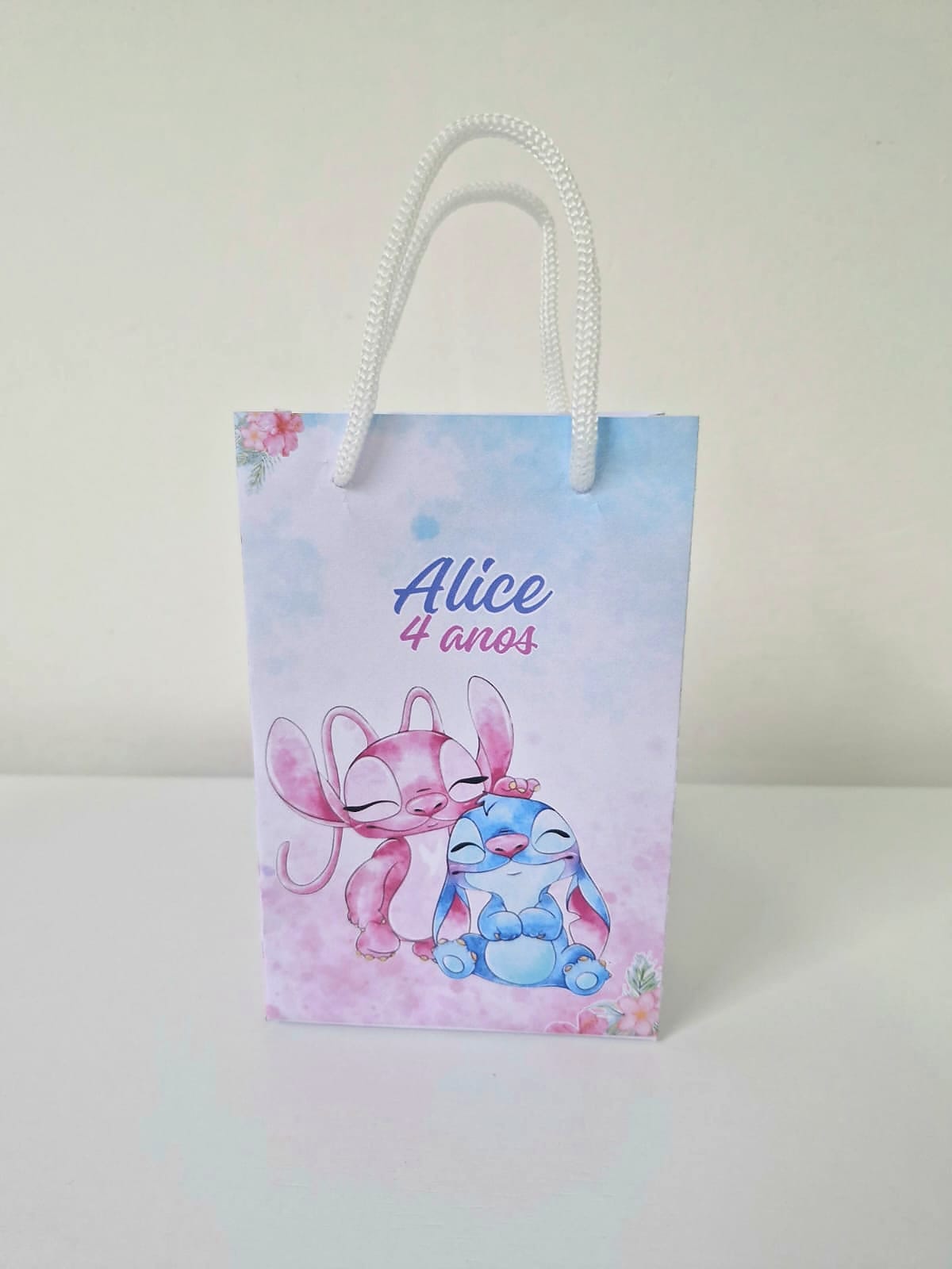 Kit 10 Sacolinhas Personalizadas Stitch e Angel Rosa – Tamanhos P,M,G